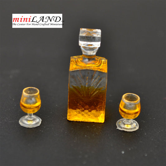 A bottle of alcoholic beverage with two glasses of brandy whiskey 1:12 scale dollhouse miniature  D411
