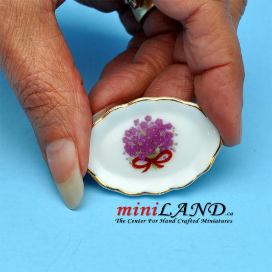 Ceramic tray with decorated flowers  dollhouse miniature 1:12