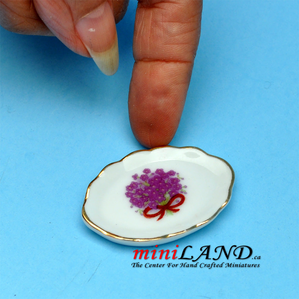 Ceramic tray with decorated flowers  dollhouse miniature 1:12