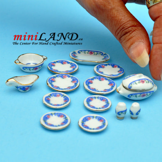 Miniature Porcelain Dinner Set with Blue and Red Floral Design – 1:12 Scale