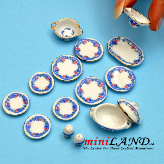 Miniature Porcelain Dinner Set with Blue and Red Floral Design – 1:12 Scale
