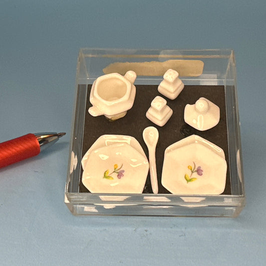 Miniature White Serving Set with Floral Design for Dollhouses – 1:12 Scale