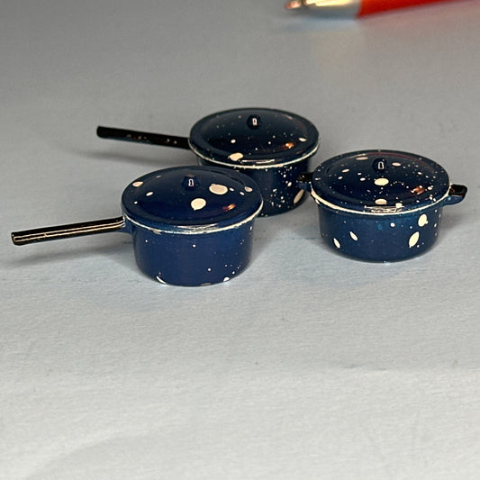 Miniature Blue Polka Dot Cooking Pots – Set of 3 – 1:12 Scale