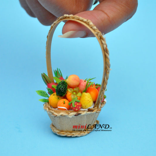 Colorful fruit basket in basket with long handle dollhouse miniature 1:12 scale