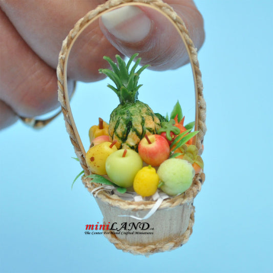 Colourful fruit basket in basket with  handle dollhouse miniature  1:12 scale