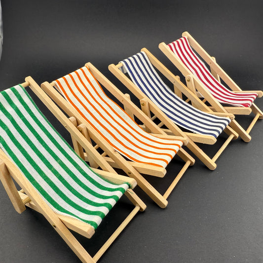 Miniature 1:12 Scale Folding Beach Chair – Wooden Dollhouse Accessory with Striped Fabric