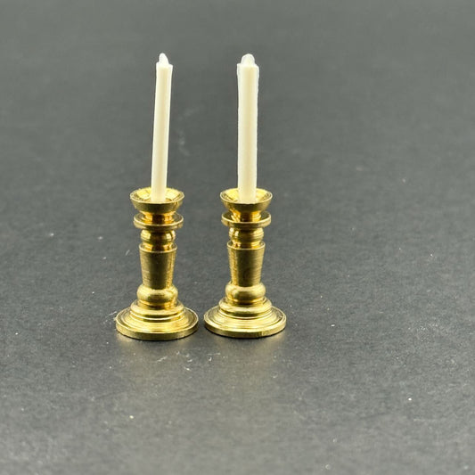 Miniature Two Gold Candlesticks with White Candles – 1:12 Scale