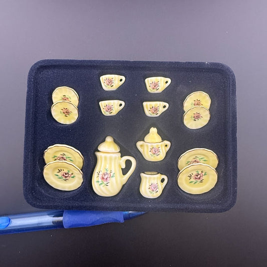 Economical 1:12 Scale Miniature Yellow Ceramic Tea Set – Teapot, Creamer, Sugar Bowl, 4 Cups, 4 Saucers & 4 Plates in Elegant Box