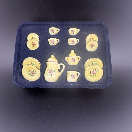 Economical 1:12 Scale Miniature Yellow Ceramic Tea Set – Teapot, Creamer, Sugar Bowl, 4 Cups, 4 Saucers & 4 Plates in Elegant Box