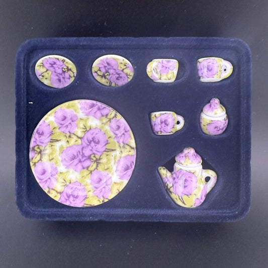 Purple Economical 1:6 Scale Miniature Porcelain Tea Set – Teapot, Large Serving Plate, 2 Cups, Saucers, Sugar Bowl & Creamer
