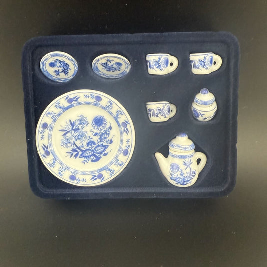 Blue Delft  Economical 1:6 Scale Miniature Porcelain Tea Set – Teapot, Large Serving Plate, 2 Cups, Saucers, Sugar Bowl & Creamer (Copy)
