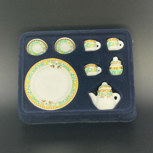Green with Gold Trim Economical 1:6 Scale Miniature Porcelain Tea Set – Teapot, Large Serving Plate, 2 Cups, Saucers, Sugar Bowl & Creamer