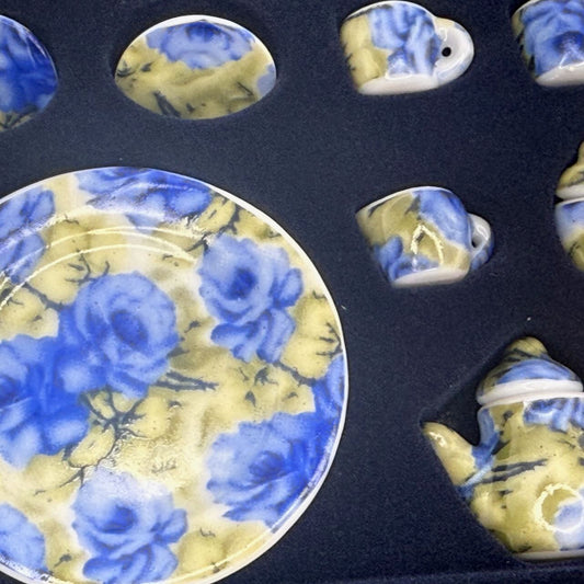Floral Blue Economical 1:6 Scale Miniature Porcelain Tea Set – Teapot, Large Serving Plate, 2 Cups, Saucers, Sugar Bowl & Creamer