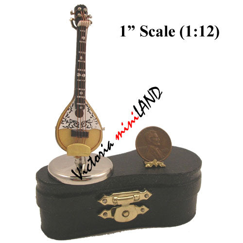 Miniature Wooden Bouzouki with Stand and Case musical instruments– 1:12 Scale, 7 cm (2.75”)