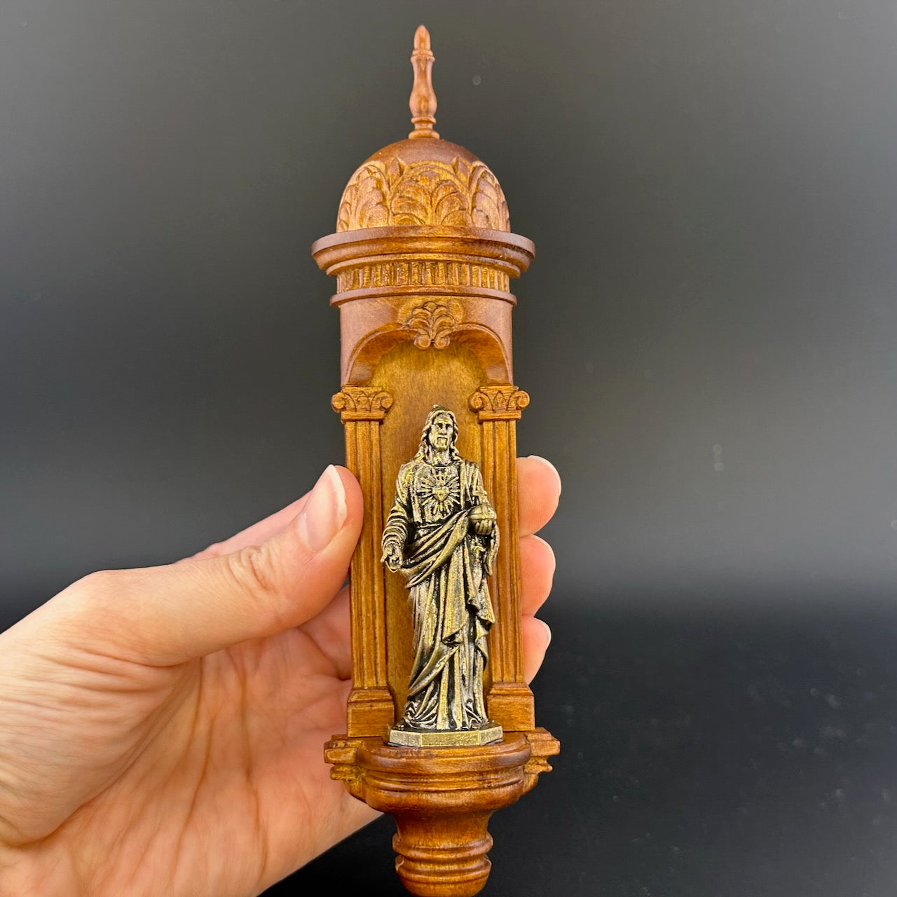 Hand-Carved Wooden Church Niche with Cast Brass Jesus Figurine – 1:12 Scale Miniature Dollhouse Religious Shrine
