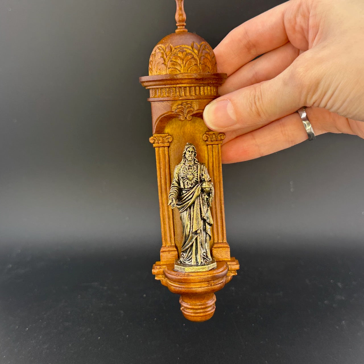 Hand-Carved Wooden Church Niche with Cast Brass Jesus Figurine – 1:12 Scale Miniature Dollhouse Religious Shrine