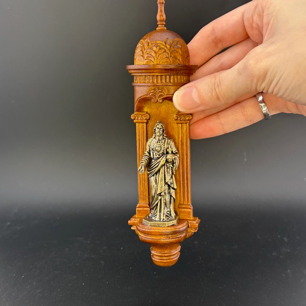 Hand-Carved Wooden Church Niche with Cast Brass Jesus Figurine – 1:12 Scale Miniature Dollhouse Religious Shrine