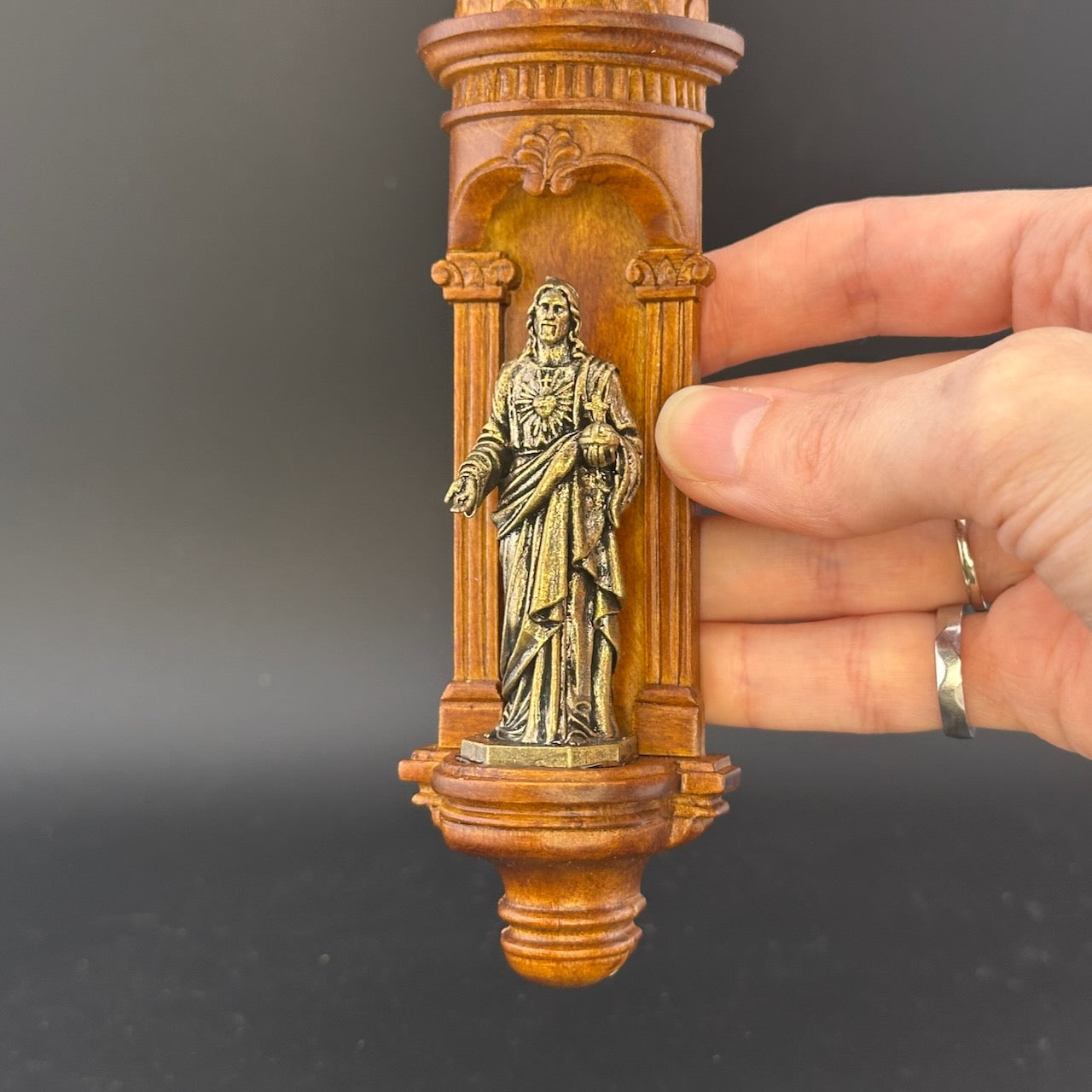 Hand-Carved Wooden Church Niche with Cast Brass Jesus Figurine – 1:12 Scale Miniature Dollhouse Religious Shrine