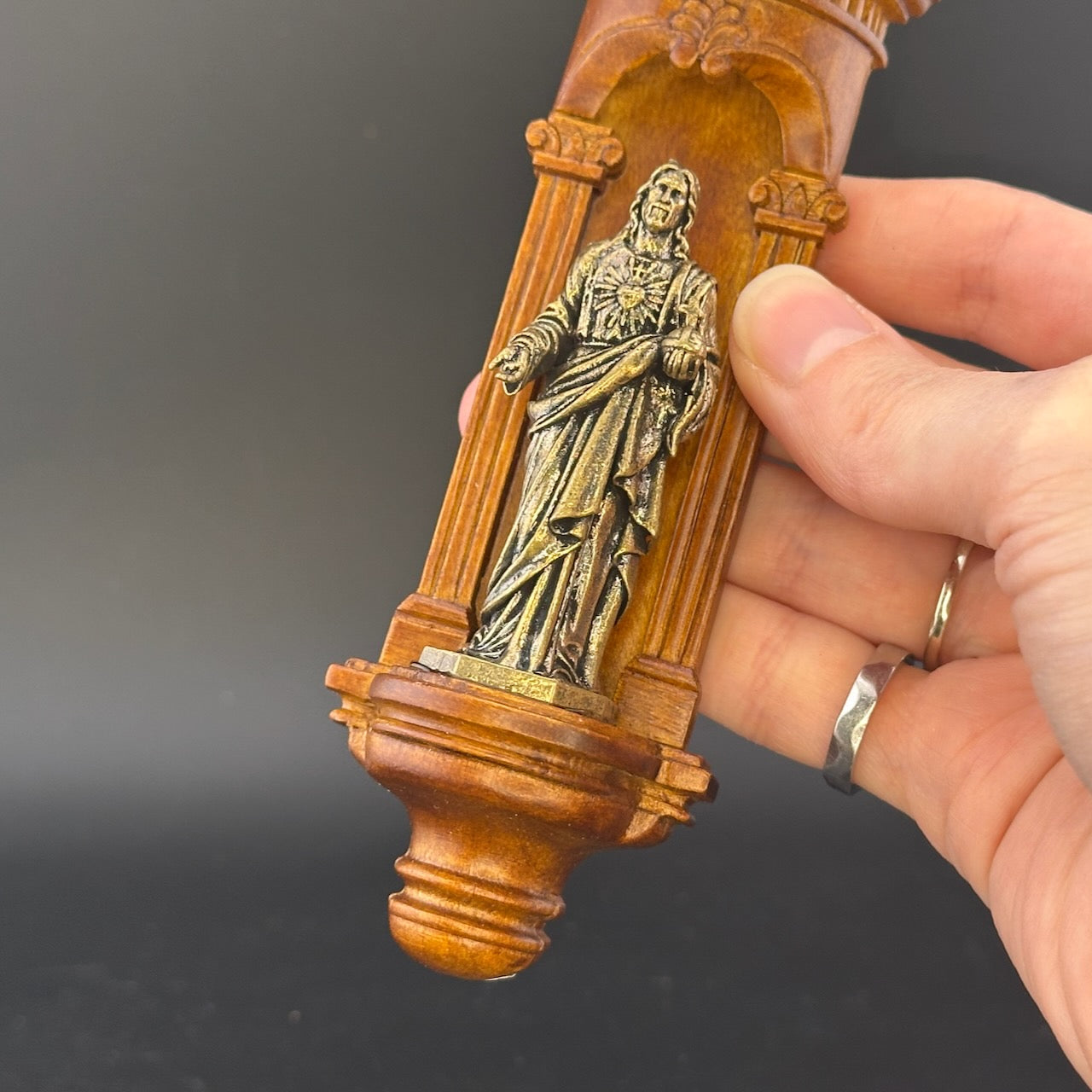 Hand-Carved Wooden Church Niche with Cast Brass Jesus Figurine – 1:12 Scale Miniature Dollhouse Religious Shrine