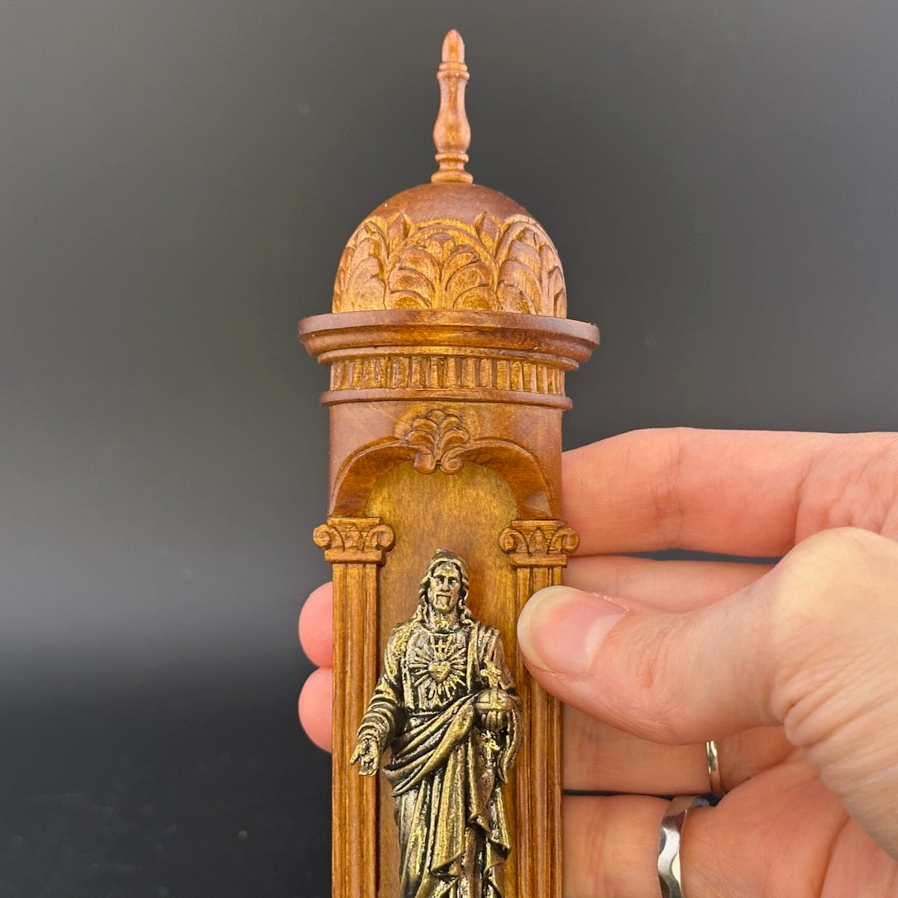 Hand-Carved Wooden Church Niche with Cast Brass Jesus Figurine – 1:12 Scale Miniature Dollhouse Religious Shrine
