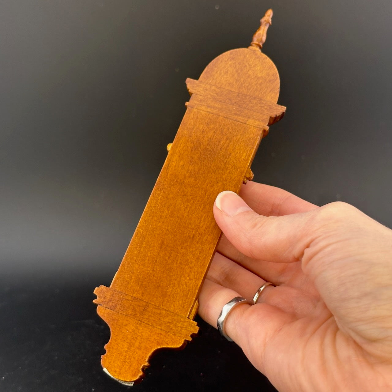 Hand-Carved Wooden Church Niche with Cast Brass Virgin Mary Figurine – 1:12 Scale Miniature Dollhouse Religious Shrine