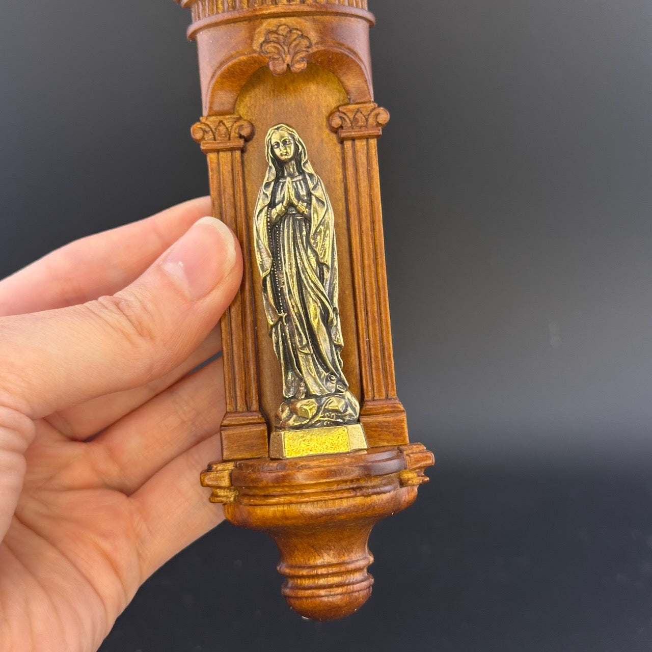 Hand-Carved Wooden Church Niche with Cast Brass Virgin Mary Figurine – 1:12 Scale Miniature Dollhouse Religious Shrine