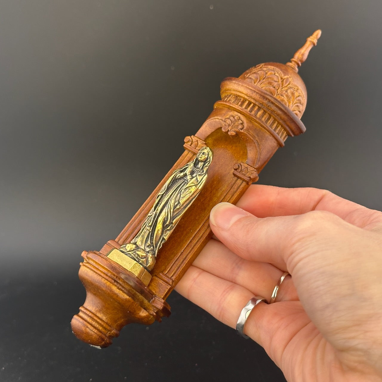 Hand-Carved Wooden Church Niche with Cast Brass Virgin Mary Figurine – 1:12 Scale Miniature Dollhouse Religious Shrine
