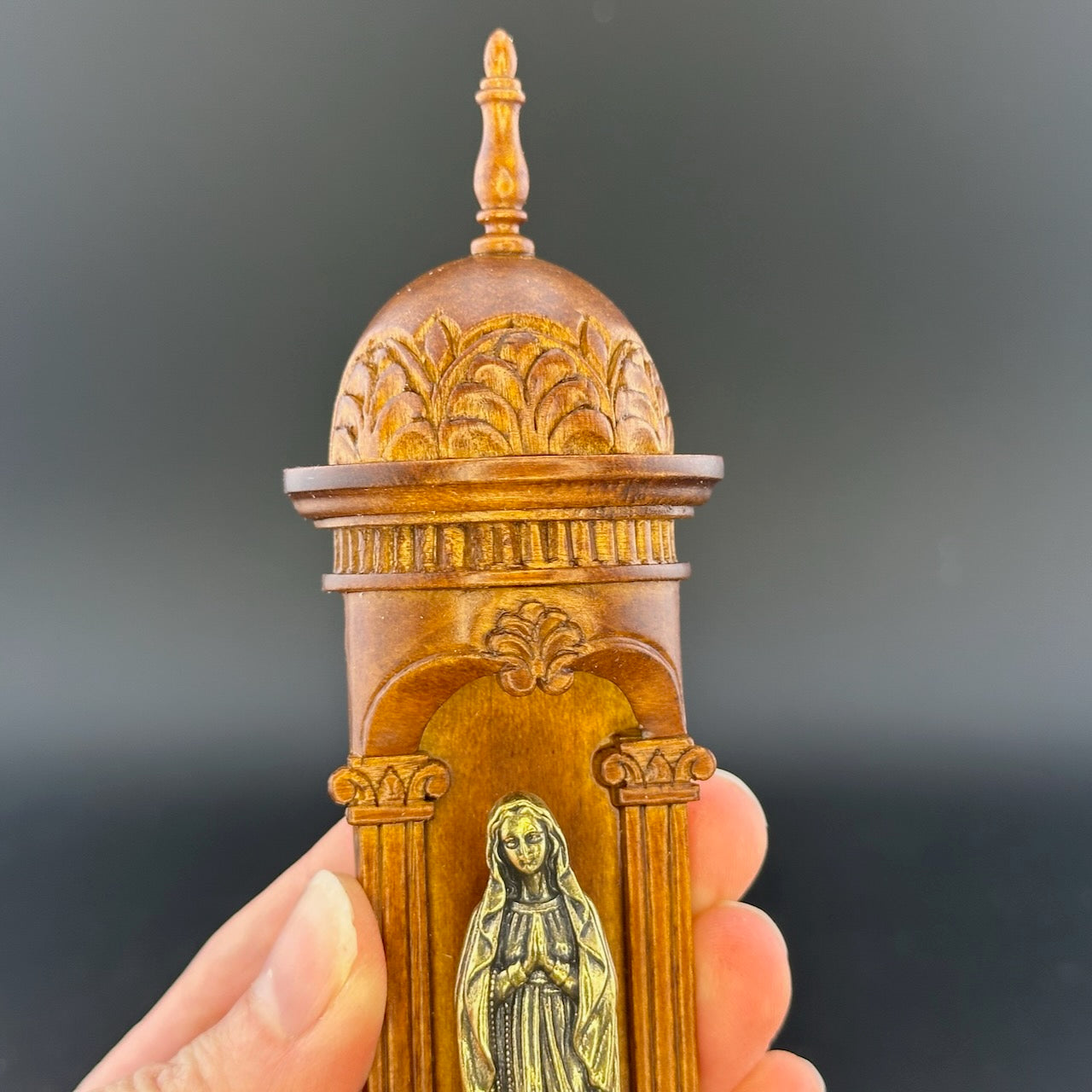 Hand-Carved Wooden Church Niche with Cast Brass Virgin Mary Figurine – 1:12 Scale Miniature Dollhouse Religious Shrine