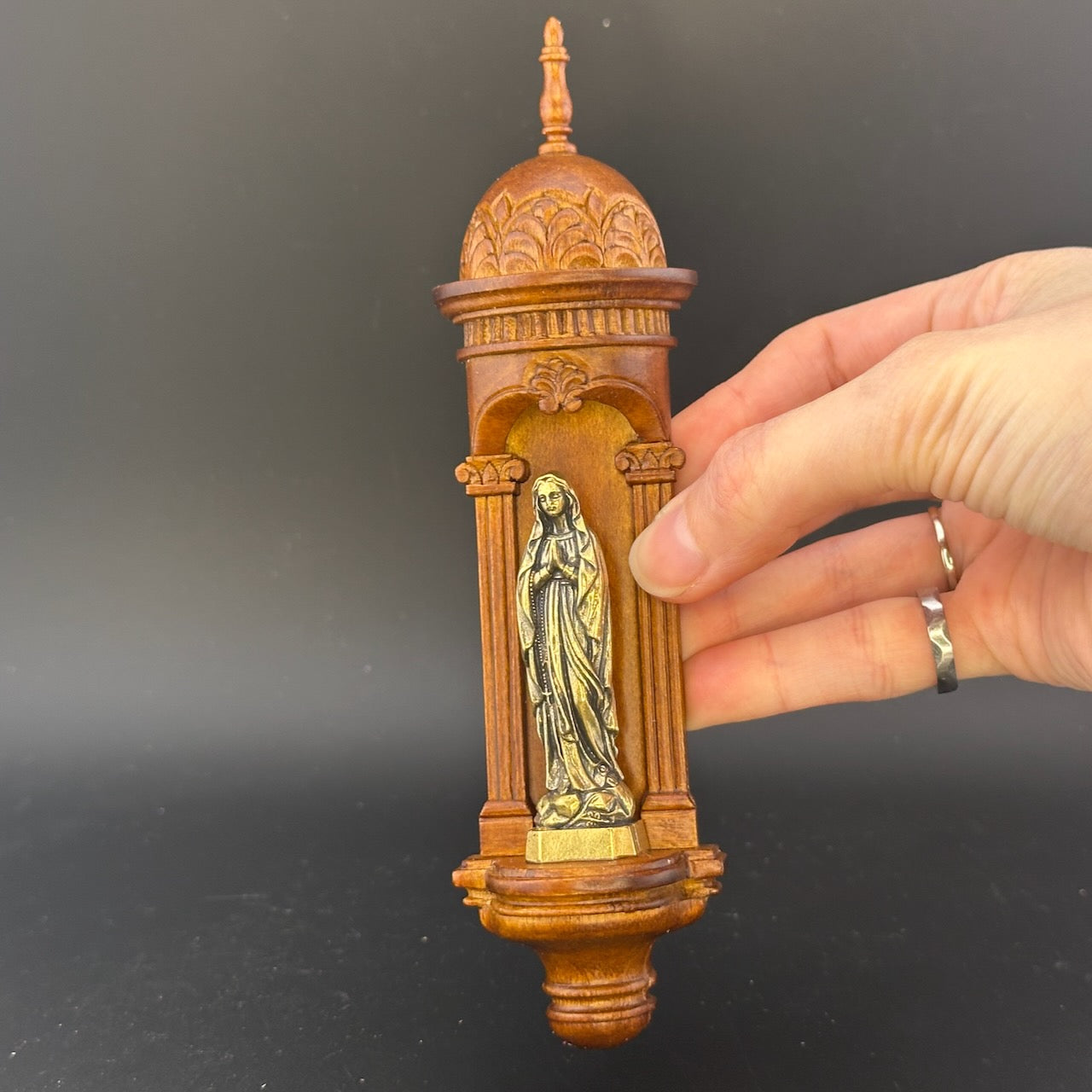 Hand-Carved Wooden Church Niche with Cast Brass Virgin Mary Figurine – 1:12 Scale Miniature Dollhouse Religious Shrine