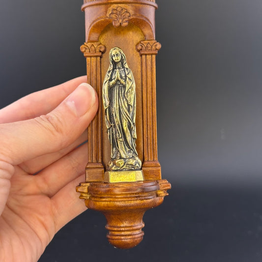 Hand-Carved Wooden Church Niche with Cast Brass Virgin Mary Figurine – 1:12 Scale Miniature Dollhouse Religious Shrine