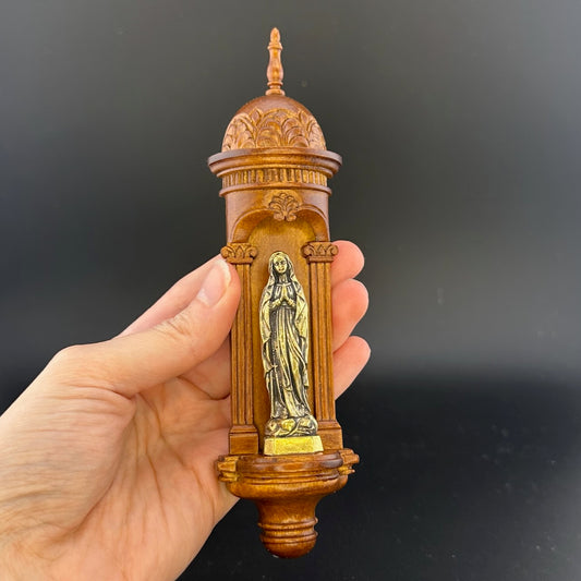 Hand-Carved Wooden Church Niche with Cast Brass Virgin Mary Figurine – 1:12 Scale Miniature Dollhouse Religious Shrine