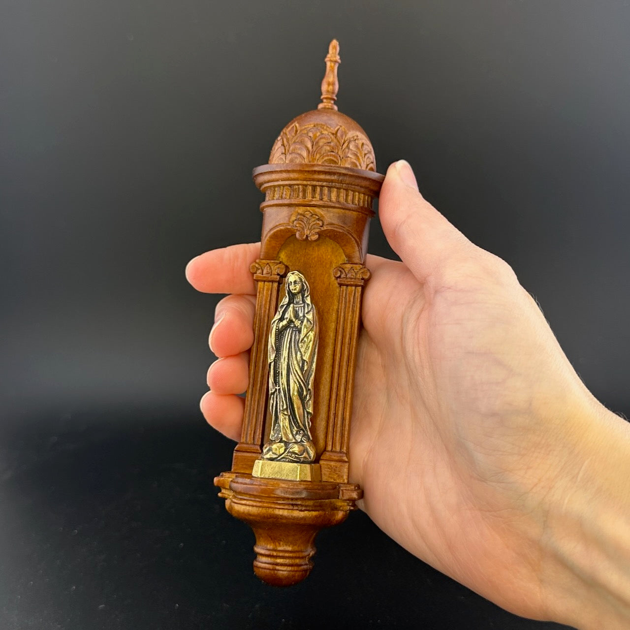 Hand-Carved Wooden Church Niche with Cast Brass Virgin Mary Figurine – 1:12 Scale Miniature Dollhouse Religious Shrine
