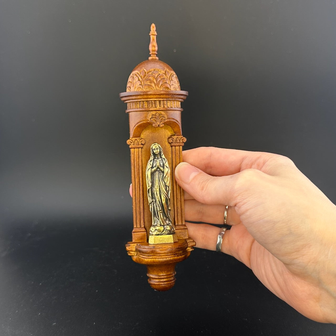 Hand-Carved Wooden Church Niche with Cast Brass Virgin Mary Figurine – 1:12 Scale Miniature Dollhouse Religious Shrine