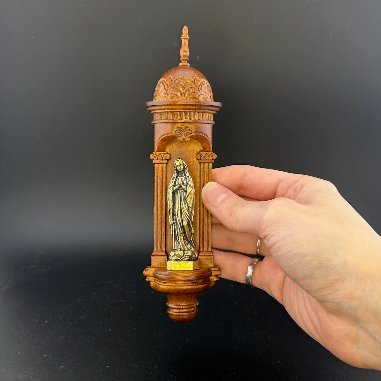 Hand-Carved Wooden Church Niche with Cast Brass Virgin Mary Figurine – 1:12 Scale Miniature Dollhouse Religious Shrine