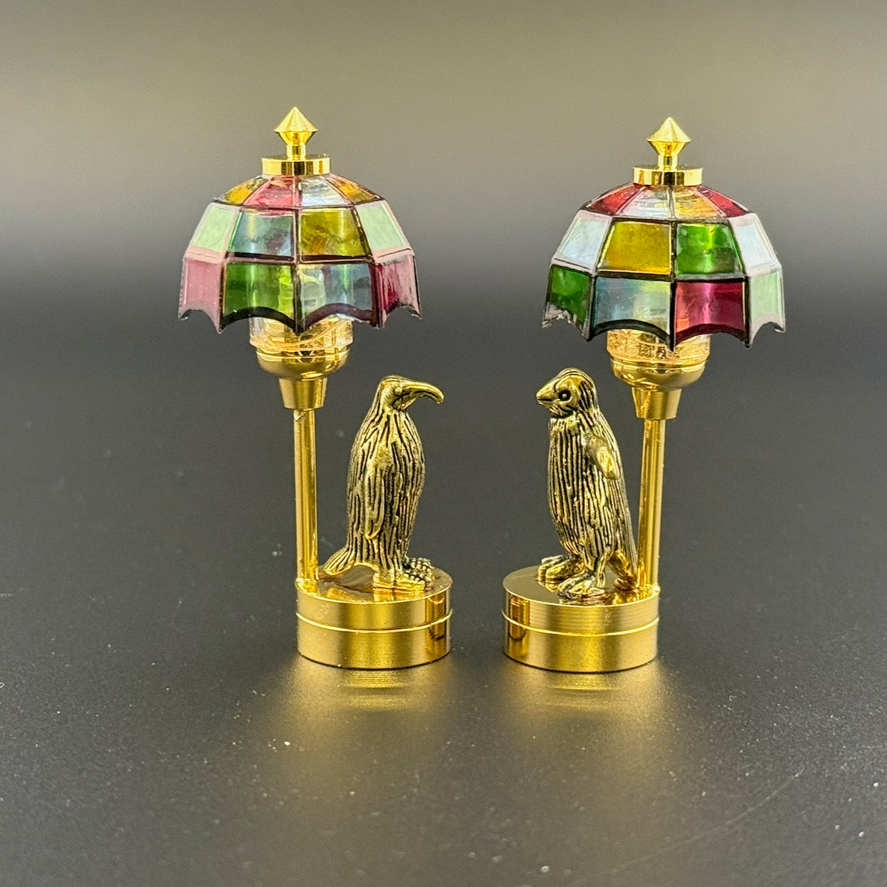 Romantic His and Hers miniature Pair of Dollhouse Lamps Touchless operation with Wand bedroom LED 1:12 Tiffany light Penguin Tiffany