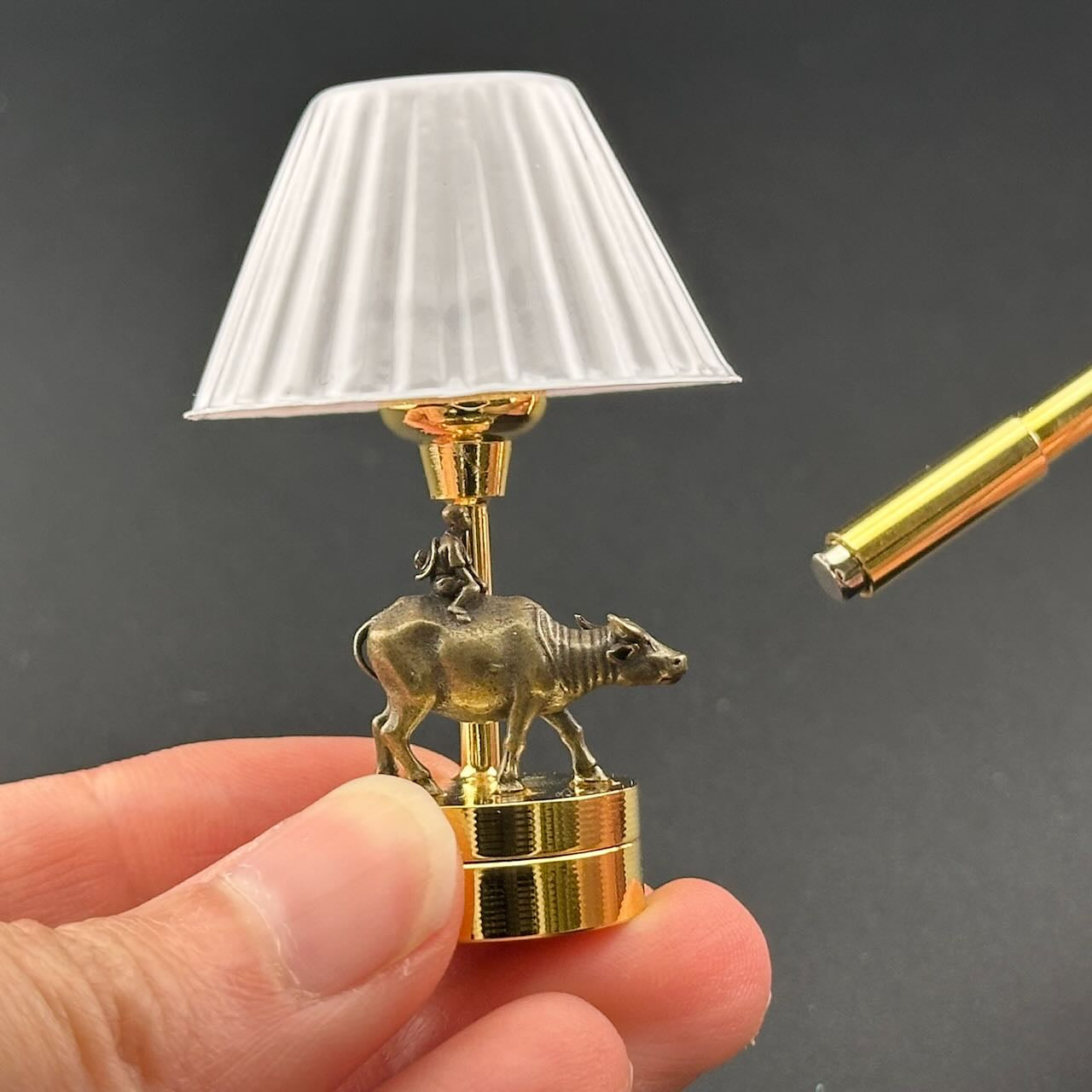 Brass Boy Riding Buffalo Miniature Touchless operation with Wand  1:12 table lamp LED for Dollhouse table light solid brass