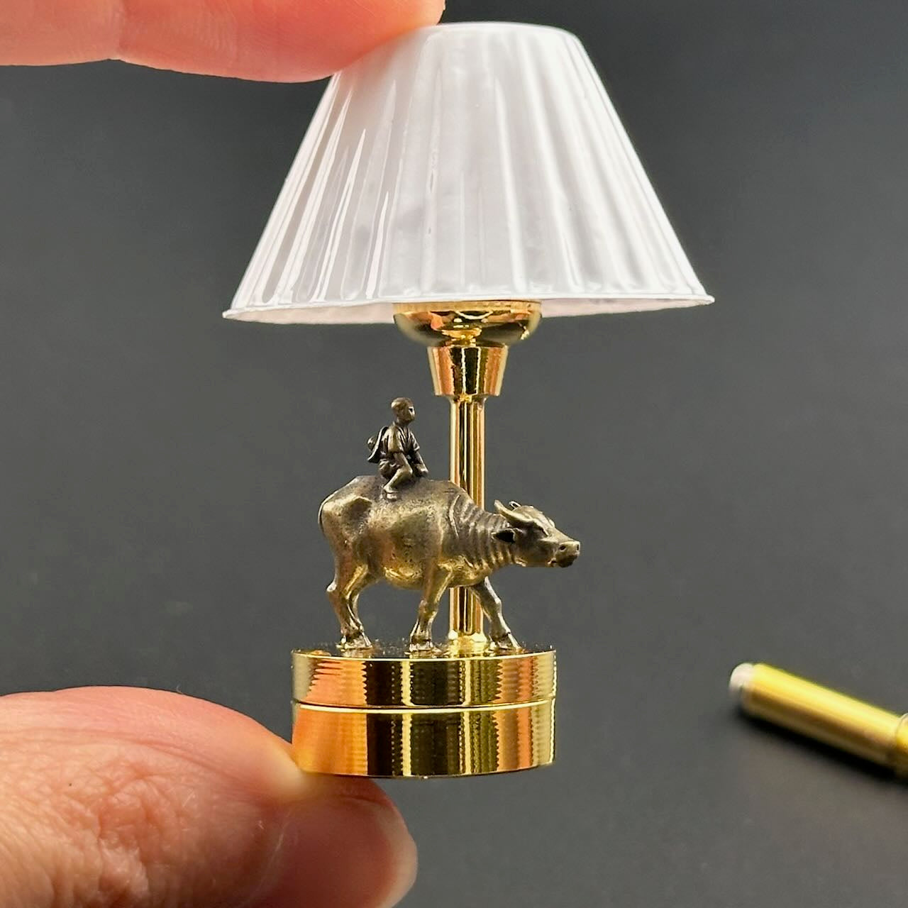 Brass Boy Riding Buffalo Miniature Touchless operation with Wand  1:12 table lamp LED for Dollhouse table light solid brass