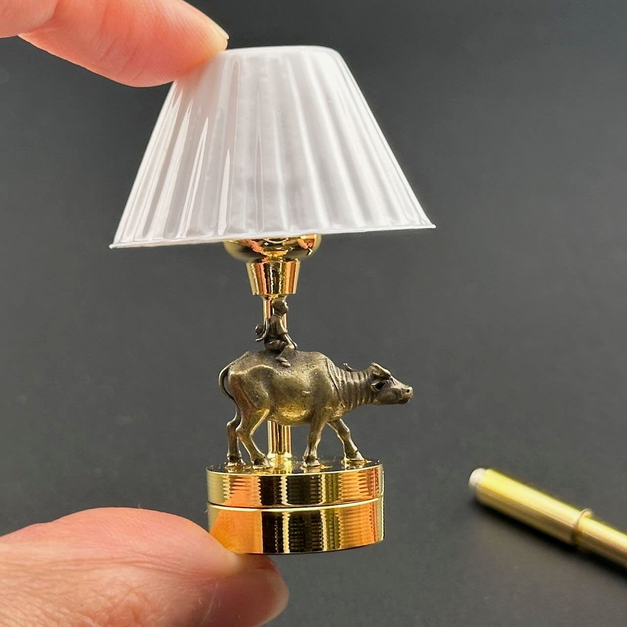 Brass Boy Riding Buffalo Miniature Touchless operation with Wand  1:12 table lamp LED for Dollhouse table light solid brass