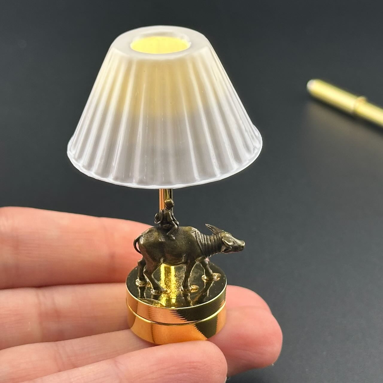 Brass Boy Riding Buffalo Miniature Touchless operation with Wand  1:12 table lamp LED for Dollhouse table light solid brass