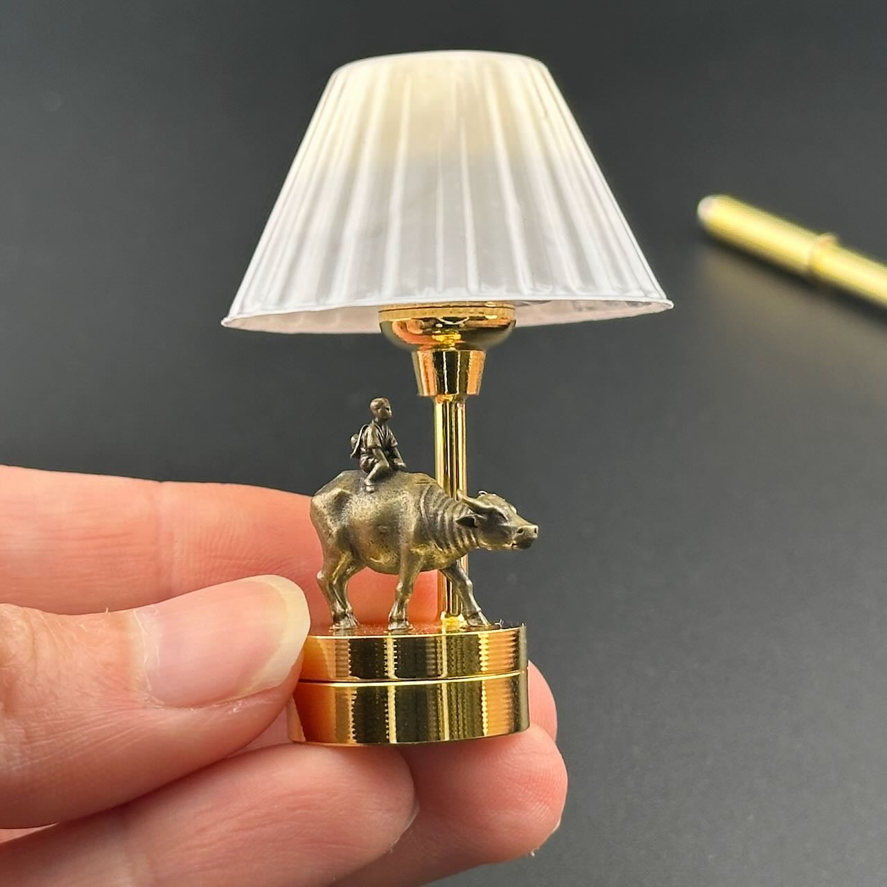 Brass Boy Riding Buffalo Miniature Touchless operation with Wand  1:12 table lamp LED for Dollhouse table light solid brass