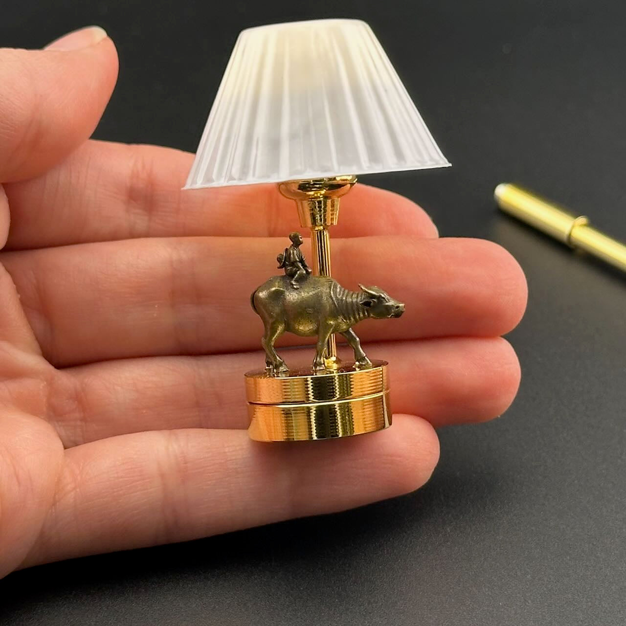 Brass Boy Riding Buffalo Miniature Touchless operation with Wand  1:12 table lamp LED for Dollhouse table light solid brass