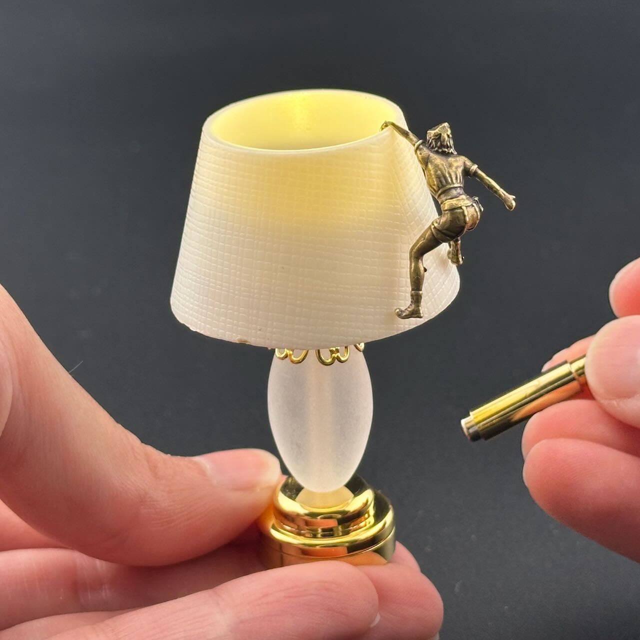 Brass lampshade Climbing Miniature Touchless operation with Wand  1:12 table lamp LED for Dollhouse table light solid brass