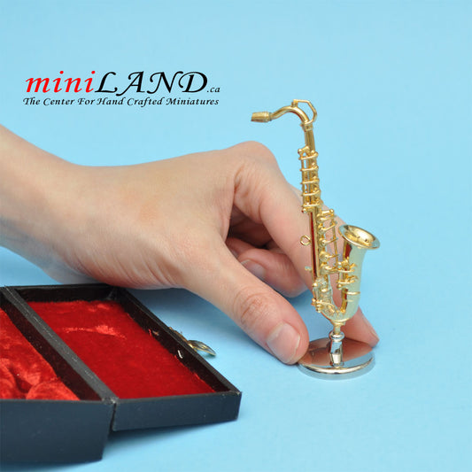 Miniatur-Tenorsaxophone mit Koffer und Ständer für Puppenhaus, 3-1/4" lang
