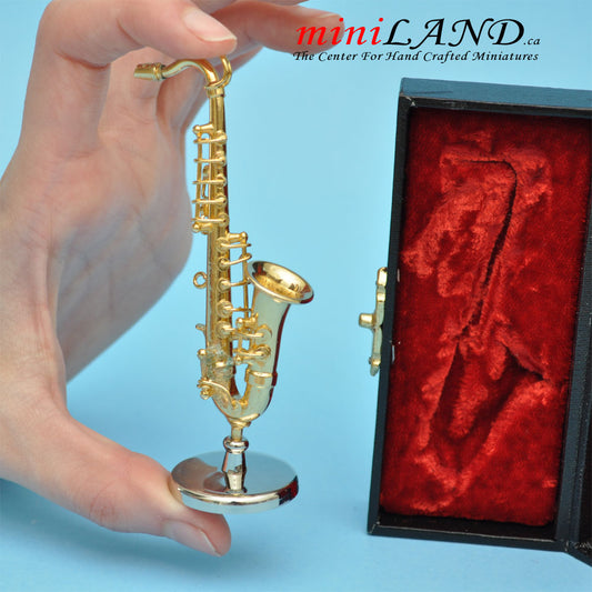 Miniatur-Tenorsaxophone mit Koffer und Ständer für Puppenhaus, 3-1/4" lang