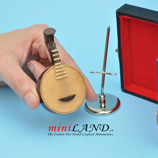 Miniature round lute musical instruments  with Case and stand for 1:12 Dollhouse 2-3/4" Long