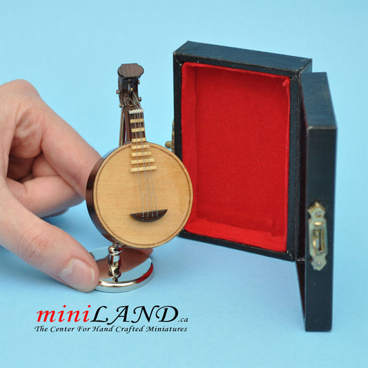 Miniature round lute musical instruments  with Case and stand for 1:12 Dollhouse 2-3/4" Long