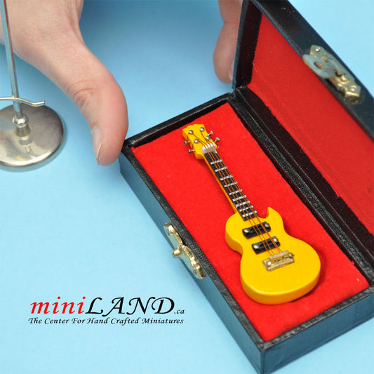 Miniature yellow Electric Guitar  with Case and stand for Dollhouse 3-1/4" Long