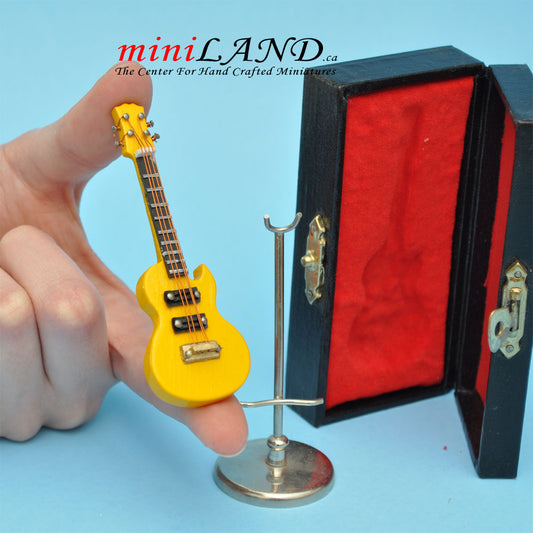 Miniature yellow Electric Guitar  with Case and stand for Dollhouse 3-1/4" Long