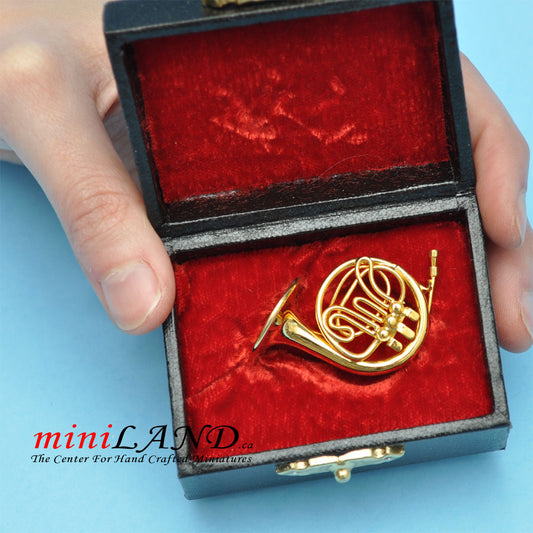 Miniature brass  French Horn  with Case for Dollhouse 1-1/2" Long