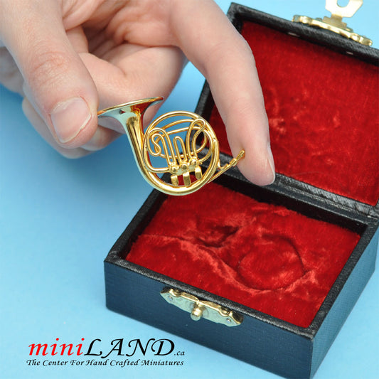 Miniature brass  French Horn  with Case for Dollhouse 1-1/2" Long
